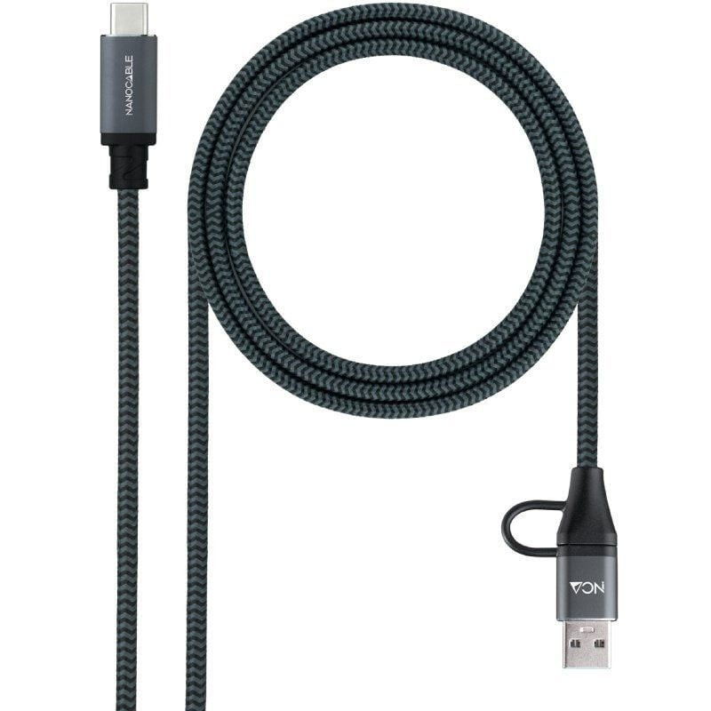Cable USB 3.2 Tipo-C Nanocable 10.01.4112-COMB/ USB Tipo-C Macho + USB Macho - USB Tipo-C Macho/ Hasta 100W/ 20Gbps/ 2m/ Gris...