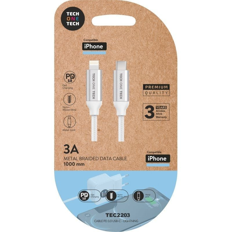 Cable USB Tipo-C Lightning Tech One Tech TEC2203/ Lightning Macho - USB Tipo-C Macho/ Hasta 20W/ 480Mbps/ 1m/ Blanco