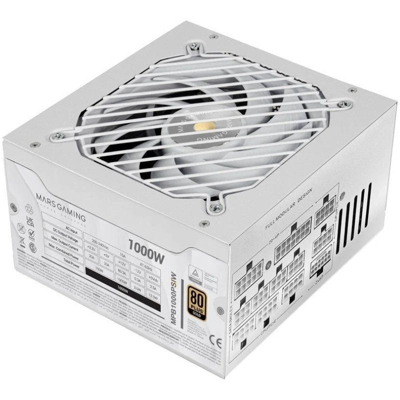 Fuente de Alimentación Mars Gaming MPB1000PSI/ 1000W/ Ventilador 14cm/ ATX 3.1/ PCIe 5.1/ 80 Plus Gold/ Blanca