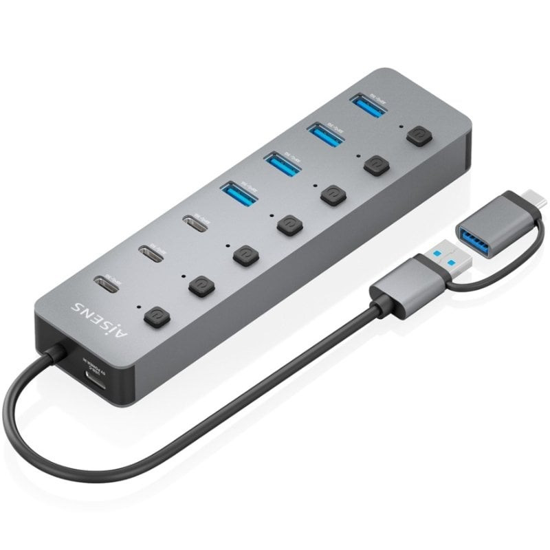 Hub USB Tipo-C + USB 3.1 Aisens ASUC-8P043-GR/ 4xUSB/ 3xUSB Tipo-C/ 1xUSB Tipo-C PD/ Gris