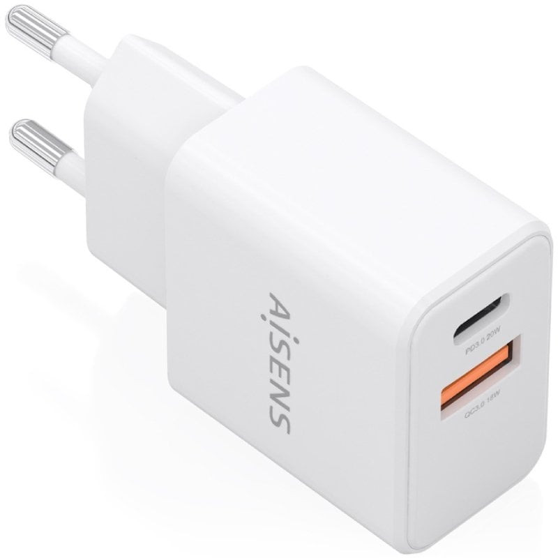 Cargador de Pared GaN Aisens A110-1025/ 1xUSB Tipo-C/ 1xUSB/ 20W/ Blanco