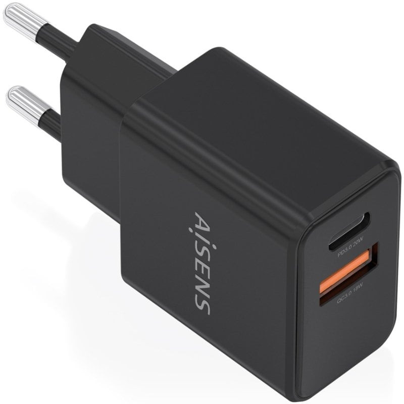 Cargador de Pared GaN Aisens A110-1026/ 1xUSB Tipo-C/ 1xUSB/ 20W/ Negro