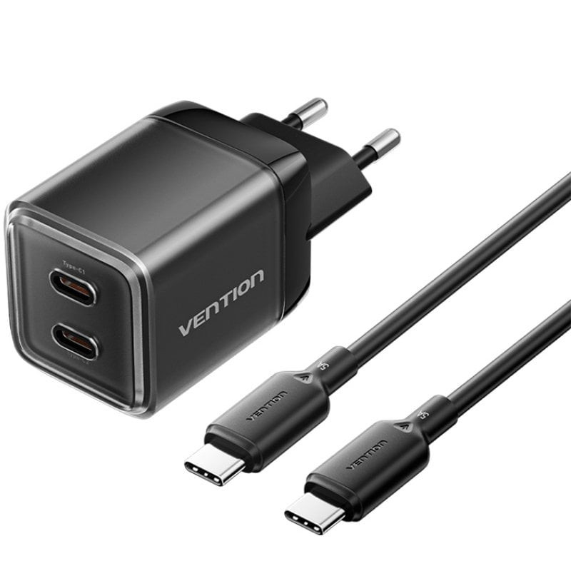 Cargador de Pared GaN Vention TZ-FCFB0-EU/ 2xUSB Tipo-C + Cable USB Tipo-C/ 45W