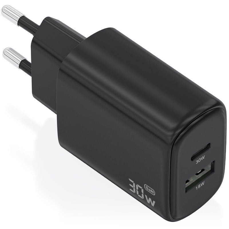 Cargador de Pared GaN Aisens A110-0978/ 1xUSB Tipo-C/ 1xUSB/ 30W/ Negro