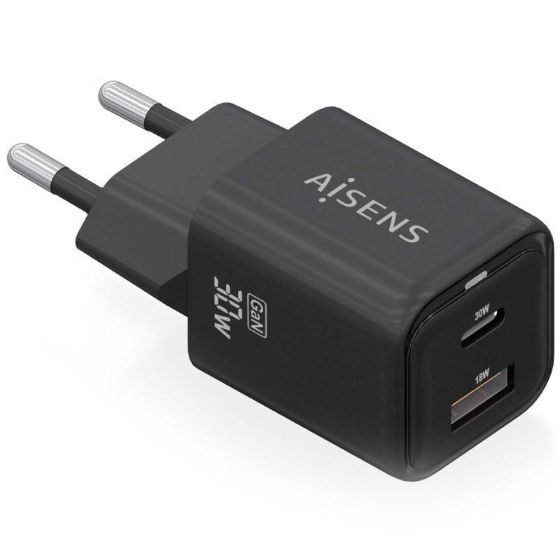 Cargador de Pared GaN Aisens ASCH-30W2P021-BK/ 1xUSB Tipo-C/ 1xUSB/ 30W