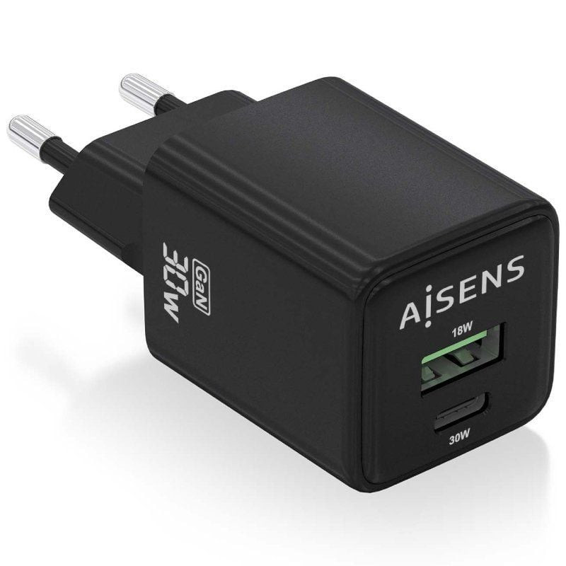 Cargador de Pared GaN Aisens ASCH-30W2P038-BK/ 1xUSB Tipo-C/ 1xUSB/ 30W