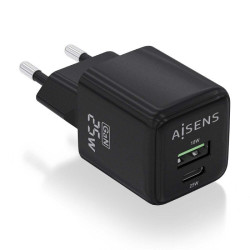 Cargador de Pared GaN Aisens ASCH-25W2P015-BK/ 1xUSB Tipo-C/ 1xUSB/ 25W