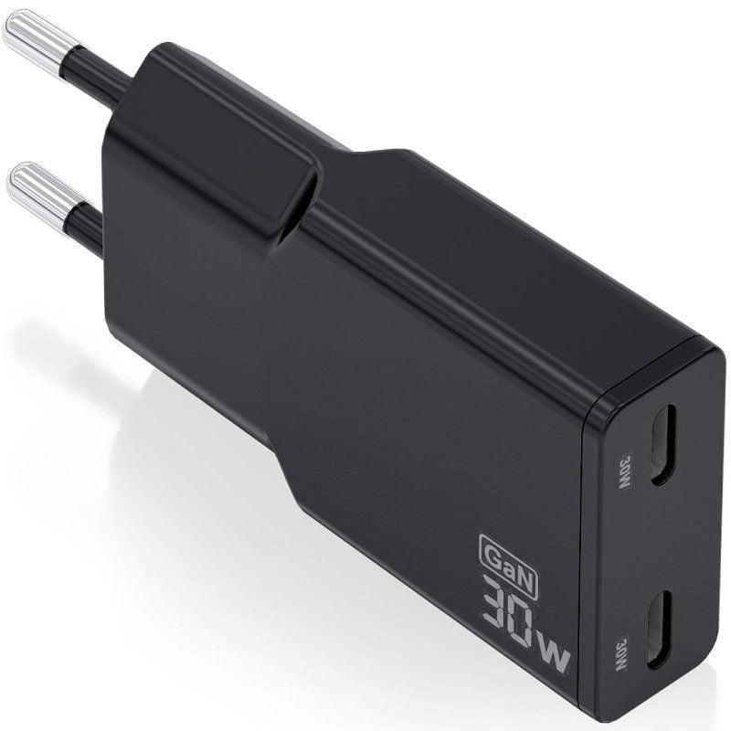 Cargador de Pared GaN Aisens ASCH-30W2P049-BK/ 2xUSB Tipo-C/ 30W/ Negro