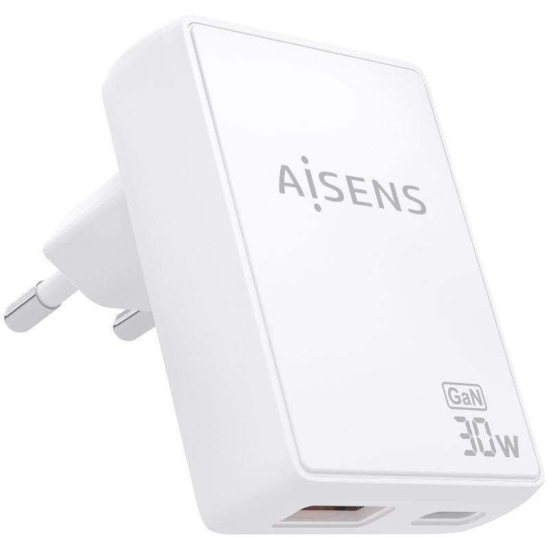 Cargador de Pared GaN Aisens ASCH-30W2P074-W/ 1xUSB Tipo-C/ 1xUSB/ 30W/ Blanco