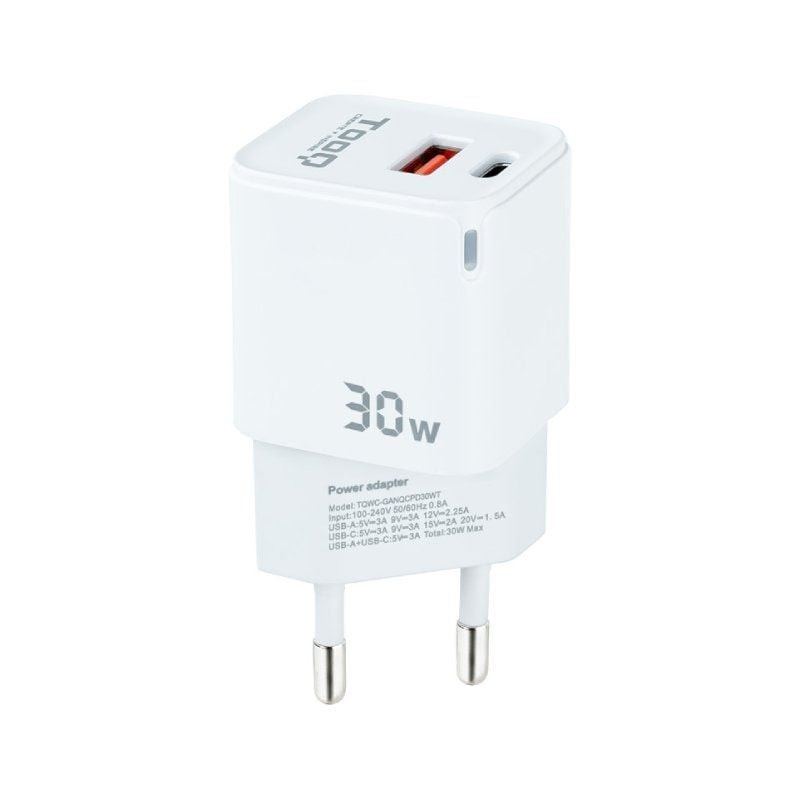 Cargador de Pared GaN TooQ TQWC-GANQCPD30WT/ 1xUSB Tipo-C/ 1xUSB/ 30W