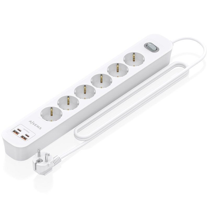 Regleta con Interruptor Aisens ASPS-2A2C16-W/ 6 Tomas de Corriente/ 2 USB - 2 USB Tipo-C/ Cable 1.4m/ Blanco