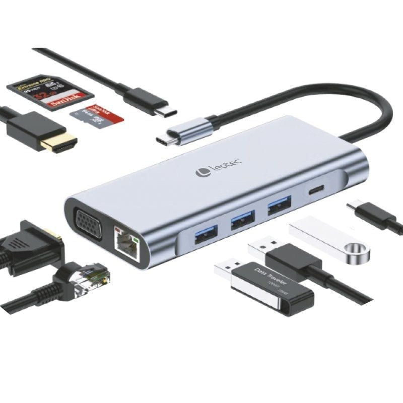 Docking USB Tipo-C Leotec LEDS01/ 3xUSB/ 2xUSB Tipo-C/ 1xUSB Tipo-C PD/ 1xHDMI 4K/ 1xVGA/ 1xRJ45/ 1xAudio/ 1xLector Tarjetas ...