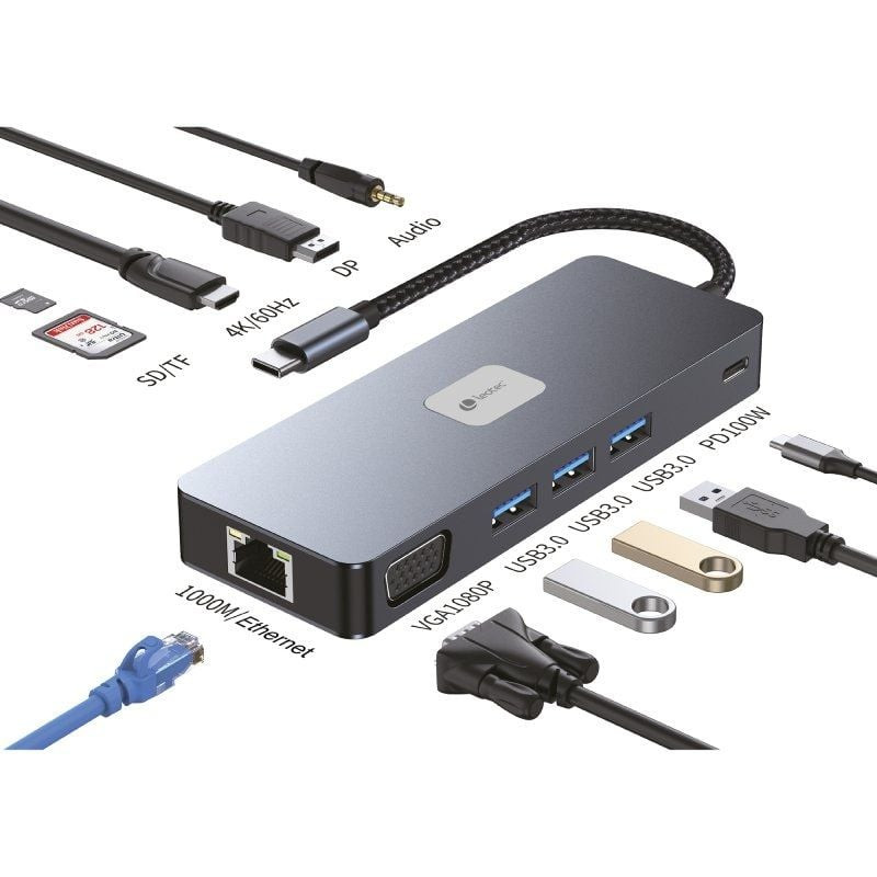 Docking USB Tipo-C Leotec LEDS03/ 3xUSB/ 1xUSB Tipo-C PD/ 1xHDMI 4K/ 1xDisplayPort/ 1xVGA/ 1xAudio/ 1xRJ45/ 1xLector Tarjetas...