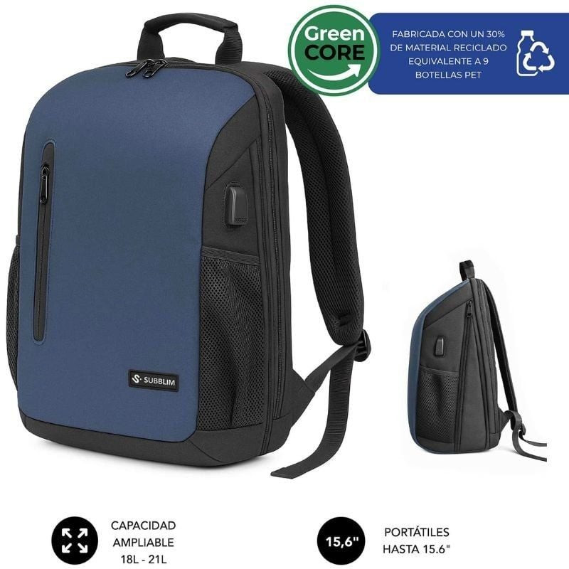 Mochila Subblim Xpand Air Padding Backpack para Portátiles hasta 15.6'/ 21L/ Puerto USB/ Azul