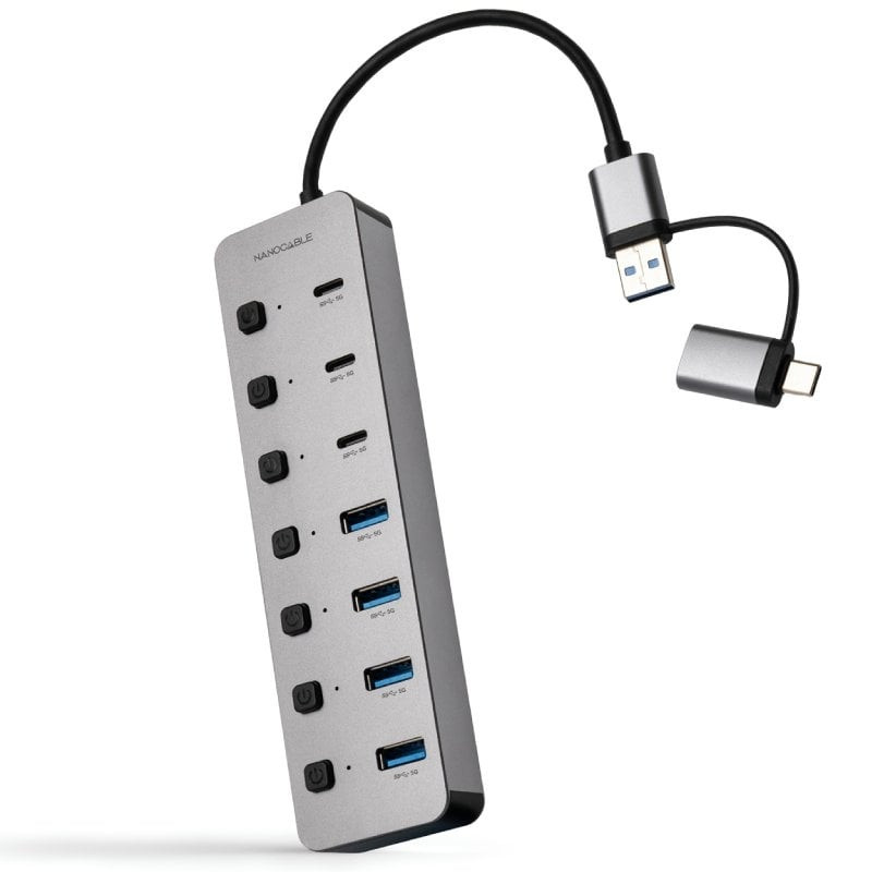 Hub USB + USB Tipo-C Nanocable 10.16.4510/ 4xUSB/ 3xUSB Tipo-C/ 1xUSB Tipo-C PD/ Gris
