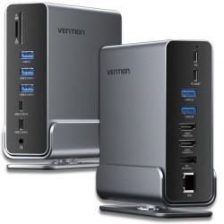 Docking USB Tipo-C Vention TPUH0/ 2xHDMI 4K/ 1xDisplayPort/ 3xUSB Tipo-C/ 5xUSB/ 1xRJ45/ 1xLector de Tarjetas/ 1xJack 3.5/ 1x...