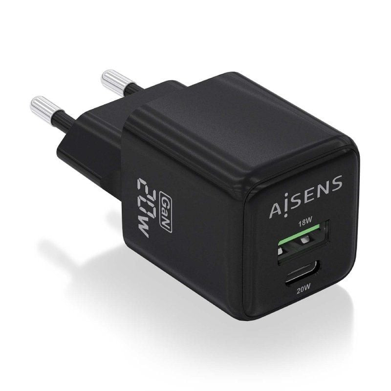 Cargador de Pared GaN Aisens ASCH-20W2P011-BK/ 1xUSB Tipo-C/ 1xUSB/ 20W